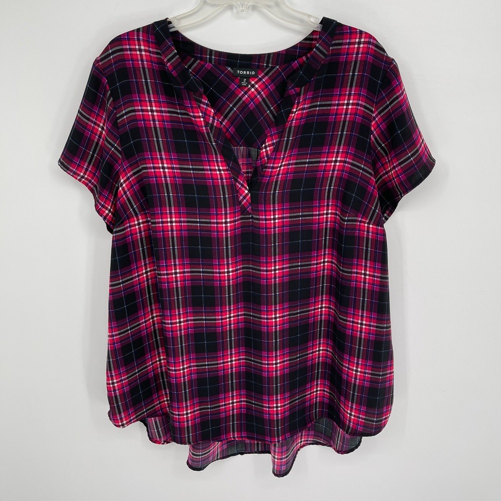 Torrid Women's Pink Plaid V-Neck Pleated Back Short Sleeve Blouse Plus Size 2 2X